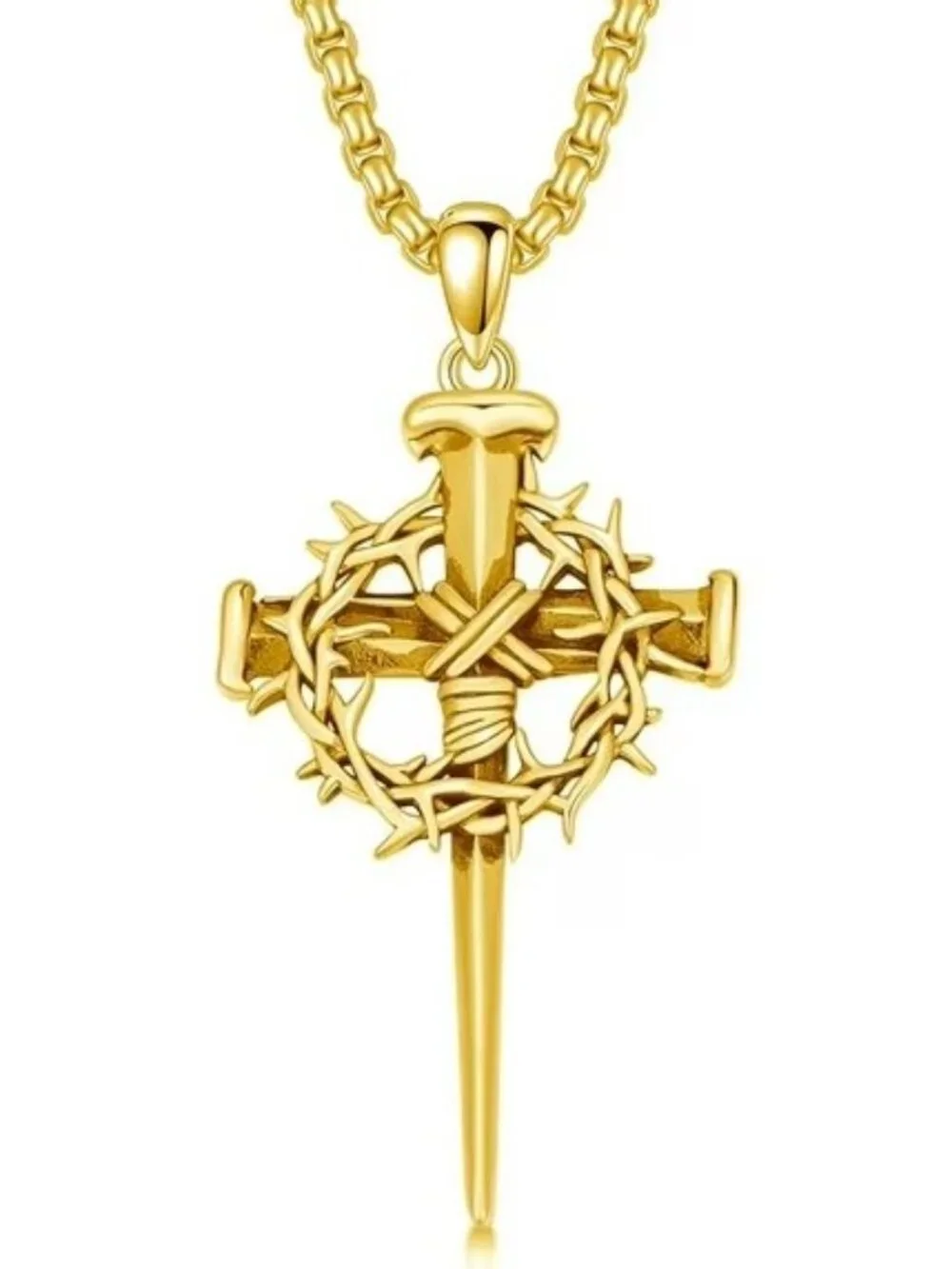 Gold Christian Cross Nail Crown of Thorns Pendant Necklace Jesus Faith Religious